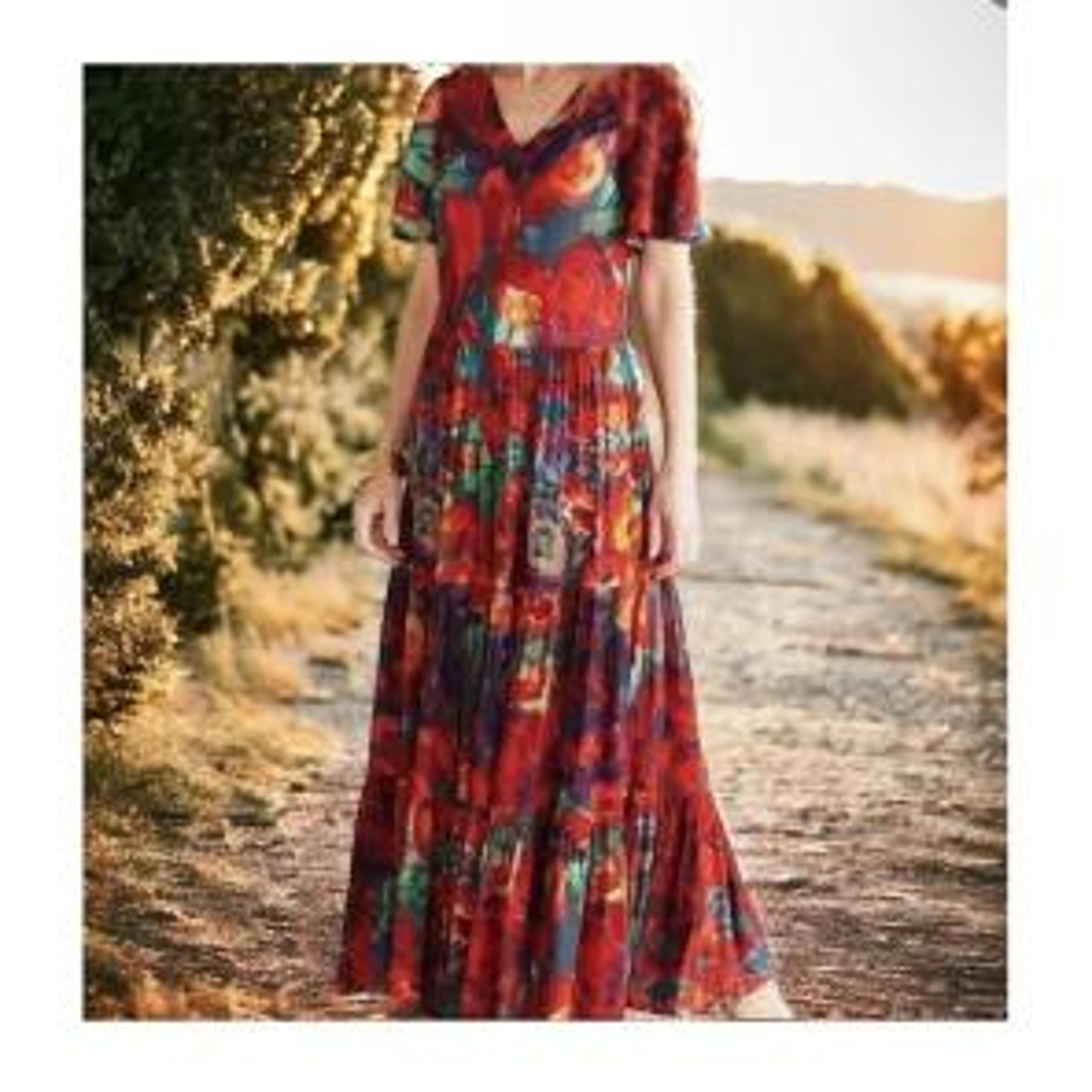 Soft Surroundings Red and Green Floral Maxi Dress Large L New NWT - Picture 2 of 3